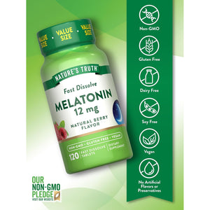 Nature'S Truth Melatonin Tablets | 12Mg | 120 Count | Natural Berry Flavor | Fast Dissolve | Vegan, Non-Gmo & Gluten Free Supplement