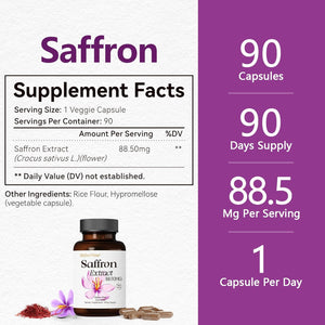 Saffron Supplements 88.5MG | 90 Vegan Capsules, Happy Saffron Extract for Mood Energy Eye Focus Support for Women & Men, 100% Pure Ingredients, Made in USA, Non-Gmo & Gluten-Free