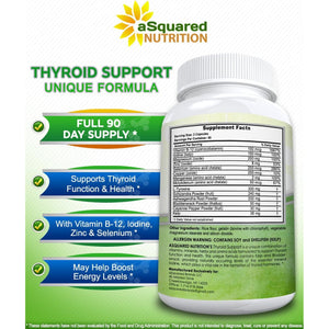 Asquared Nutrition Premium Thyroid Support Supplement with Iodine (180 Capsules) - Best Herbal & Vitamin Complex Pills W/ B12, Ashwagandha, Bladderwrack & Kelp - Helper for Healthy Hormone & Energy