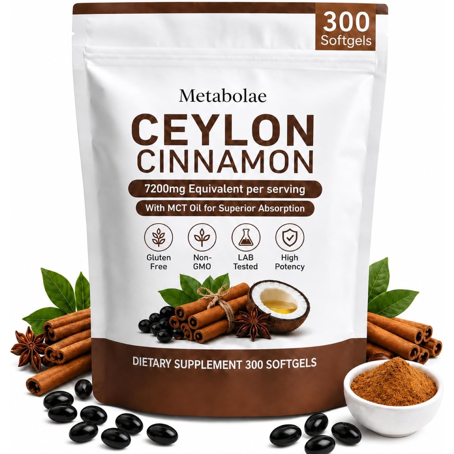 Metabolae Ceylon Cinnamon,7200 Mg Equivalent per Serving, Gluten Free, Non-Gmo, 300 Softgels