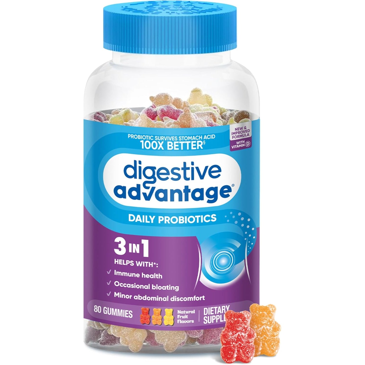Digestive Advantage Probiotics for Digestive Health, Probiotic Gummies & Vit D, Daily Probiotics for Women &Men Occasional Bloating, Minor Abdominal Discomfort & Gut Health, 80Ct Natural Fruit Flavors
