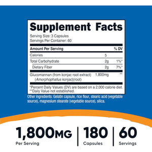 Nutricost Glucomannan 1,800Mg per Serving, 180 Capsules - Natural Fiber Source, Non-Gmo, Gluten Free
