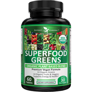 Potent Garden Organic Superfood Greens, Fruit and Veggies Supplement Rich in Vitamins & Antioxidants with Alfalfa, Beet Root & Tart Cherry to Boost Energy, Immunity & Gut Health, Greens Tablets 60 Ct