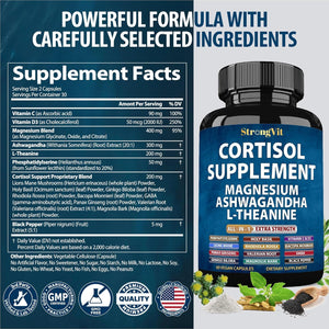 Strongvit Cortisol Supplements for Women and Men with Magnesium, Ashwagandha & L-Theanine. High Cortisol Reducer, Manager, Detox, Lower and Control. Sleep Support & Stress Relief, USA