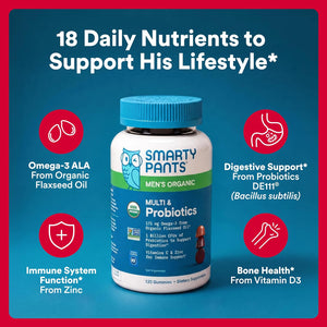 Smartypants Multivitamin for Men, Organic Gummies: Probiotics, Coq10, Methylfolate, Omega 3 (ALA), Vitamin D3, C, Vitamin B12, B6, A, K & Zinc for Immune Support, Biotin, 120 Gummies (30 Day Supply)