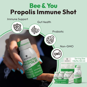 Bee and You Propolis Immune Shot, Probiotic, Vitamin C, Vitamin D3, Zinc, Ginger, Immune Support, Gut Health, Digestive Health, Bioactive 1.69 Fl. Oz, 12 Pack