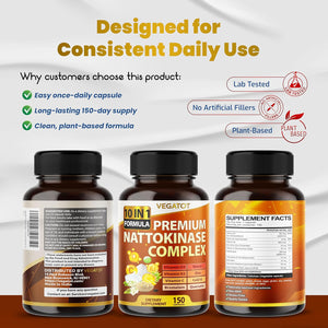 VEGATOT Organic Nattokinase Complex - 10IN1 Formula Vitamin D3, Niacin, Vitamin K2, Zinc, Coq10, Quercetin (150 Count (Pack of 1))