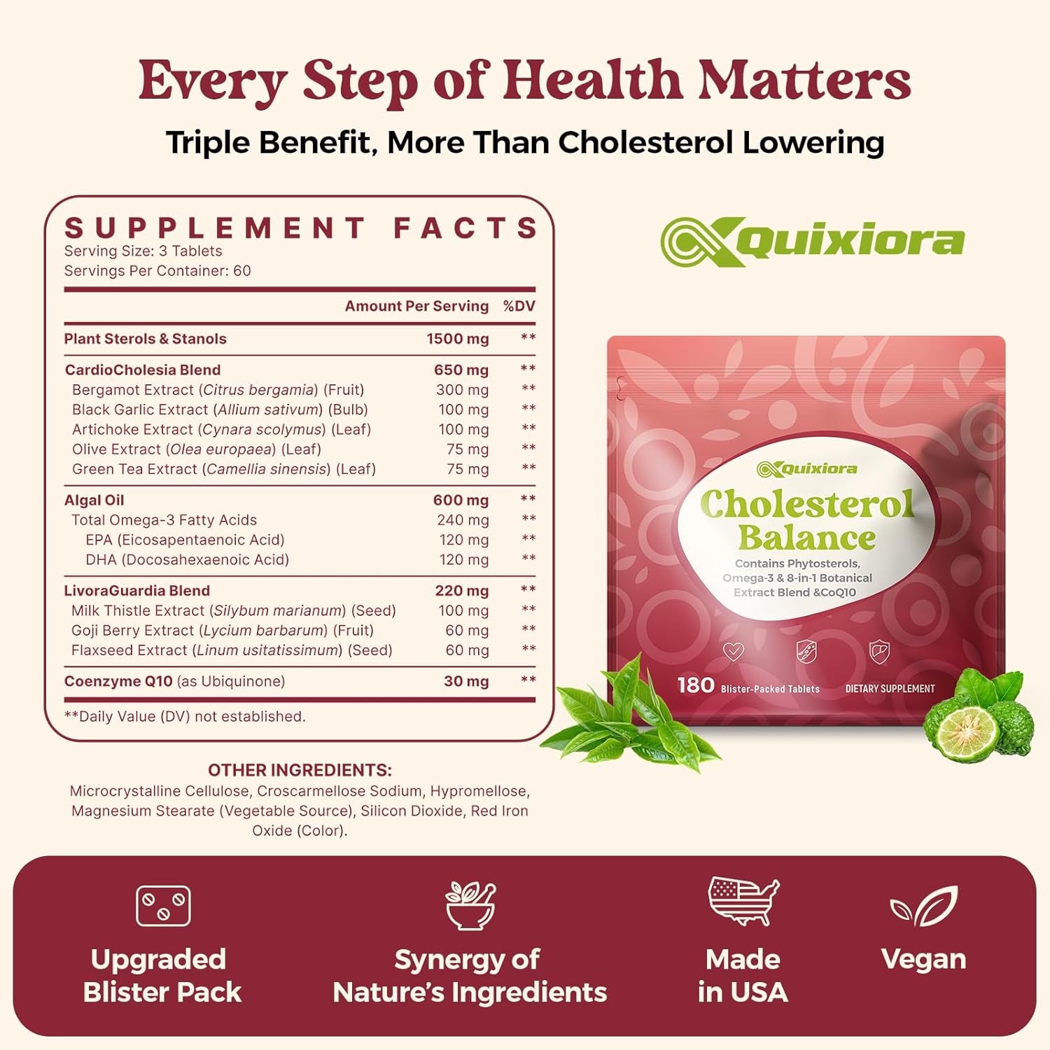 Cholesterol Lowering Supplement with 1500 Mg Plant Sterols & Citrus Bergamot, Omega-3 EPA & DHA, Coq10 –Triglyceride & for High Cholesterol–180 Blister Tablets