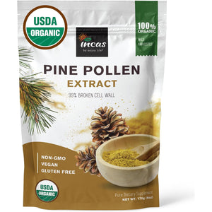 INCAS 100% USDA Organic Pine Pollen Powder (6 Ounces) Non GMO Verified 99% Cracked Cell Wall, Wild HARVESTED, Non-Irradiated, Boosts Energy & Immune Support, No Fillers or Additives