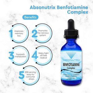 Benfotiamine Complex 300 Mg, 4 Fl Oz Bottle, 200 Servings, High Bioavailability, Potent Ingredients, Quick Absorption, Cruelty-Free, Non-Gmo, Third-Party Tested, Gmp-Certified, Made in USA