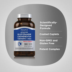 Piping Rock Glucosamine Chondroitin MSM Turmeric | 300 Caplets | Supplement for Women and Men | Advanced Triple Strength Complex | Non-Gmo & Gluten Free