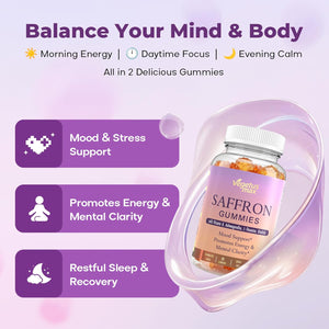 Saffron Supplements Gummies for Adults, 88.5Mg Pure Saffron Extract with Magnesium, Ashwagandha, L-Theanine, Rhodiola, Rosemary, Vitamin B6, B12 for Mood, Focus, Calm, Zzz - 60 Count