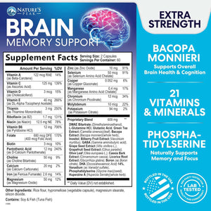 Brain Memory Supplement Pills - 3X Strength Nootropics for Concentration, Clarity & Focus Support - Brain Health Cognitive Vitamins with Bacopa, Phosphatidylserine & DMAE, Brain Booster, 120 Capsules