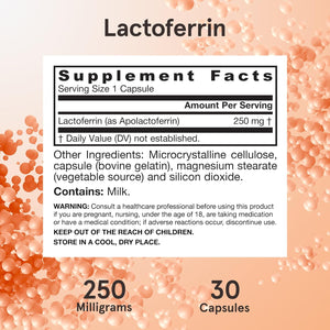 Jarrow Formulas Lactoferrin Supplements 250 Mg - Immune-Supporting Glycoprotein for Healthy Immune System Support & Iron Absorption - Freeze Dried, Gluten Free, Non-Gmo - 30 Capsules (Servings)