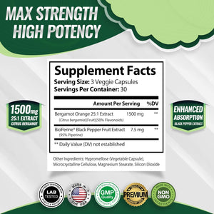 Citrus Bergamot Supplement 1500Mg - 25:1 Bergamot Extract to Support Overall Health, Immune System, Potent Antioxidant High Absorption Natural Vegan Non-Gmo for Men Women, 90 Capsules