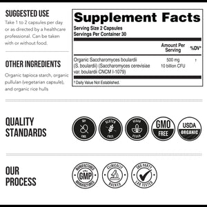 Organic Saccharomyces Boulardii - 10 Billion CFU - Clinically Validated CNCM I-1079 Probiotic Strain - Gut, Digestion & Healthy Bowel Support - First Organic Form of S. Boulardii Probiotic - 60 Count
