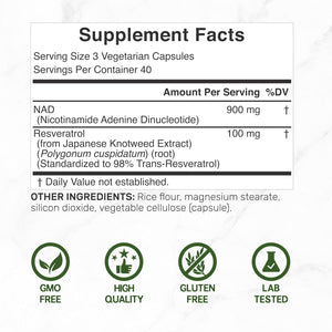 NAD+ Resveratrol Supplement 1,000Mg per Serving, 120 Veggie Capsules | 2-In-1 Extra Strength NMN Supplement Alternative | NAD Supplements for Women & Men | Non-Gmo, Gluten Free