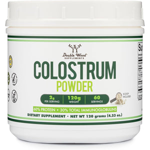 Double Wood Supplements Bovine Colostrum Powder for Women and Men, for Gut Health, Skin & Hair, Immune Support (120 Grams, 60 Day Supply - Standardized to 30% Total Immunoglobulins and 60% Protein)