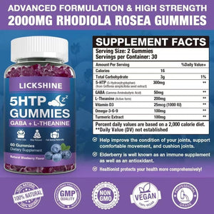 2 Pack 300MG 5-HTP GABA Sleep Supplement Gummies with 200Mg L-Theanine Supplement for Brain, Mood Stabilizer and Sleep Support, Melatonin-Free, Omega 3-6-9 for Natural Zzzs, Blueberry Flavor