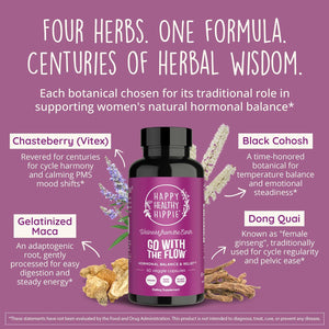 Happy Healthy Hippie Hormone Balance for Women — PMS Support & PMDD, Mood, Cycle Regularity — Chasteberry Supplements with Maca, Dong Quai, Black Cohosh — Vegan, Non-Gmo, 60 Capsules
