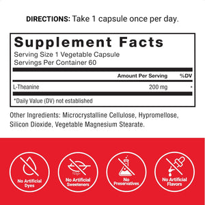 Force Factor L Theanine 200Mg, Extra Strength L-Theanine Supplement for Stress Relief, and Supporting Calm and Relaxation, Vegan, Non-Gmo, No Gelatin, 60 Vegetable Capsules