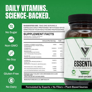 VEDGE Vegan Omega 3 Multivitamin for Women and Men – Plant-Based Algal EPA & DHA + Vitamin B12, Vitamin D, K2, Magnesium, Zinc & Selenium – 30-Day Supply – Non-Gmo, Gluten Free, Made in USA