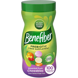 Benefiber Chewable Prebiotic GLP-1 Friendly Fiber Supplement Tablets for Digestive Health, Assorted Fruit Flavors - 100 Count
