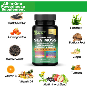 Organic Irish Sea Moss Capsules 120 Count –16 in 1 Sea Moss Supplement with Black Seed Oil, Ashwagandha, Turmeric & Ginger, Bladderwrack & Burdock Root, Vitamin D3 –Organic, Vegan, Halal, Non-Gmo