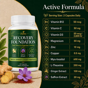Zafira Recovery Foundation Capsules, Mood & Digestive Support with Saffron, Ginger, Non-Gmo, Gluten-Free, 60 Capsules (1 Pc)