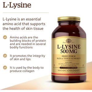 Solgar L-Lysine 500 Mg, 250 Vegetable Capsules - Enhanced Absorption & Assimilation - Promotes Integrity of Skin & Lips - Collagen Support - Amino Acids - Non-Gmo, Vegan, Gluten Free