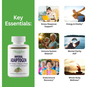 Paradise Herbs, Imperial Adaptogens, with Ashwagandha, Astragalus, Rhodiola, Proprietary Adaptogen Blend for Stress Support, Focus & Energy, 60 Vegetarian Capsules