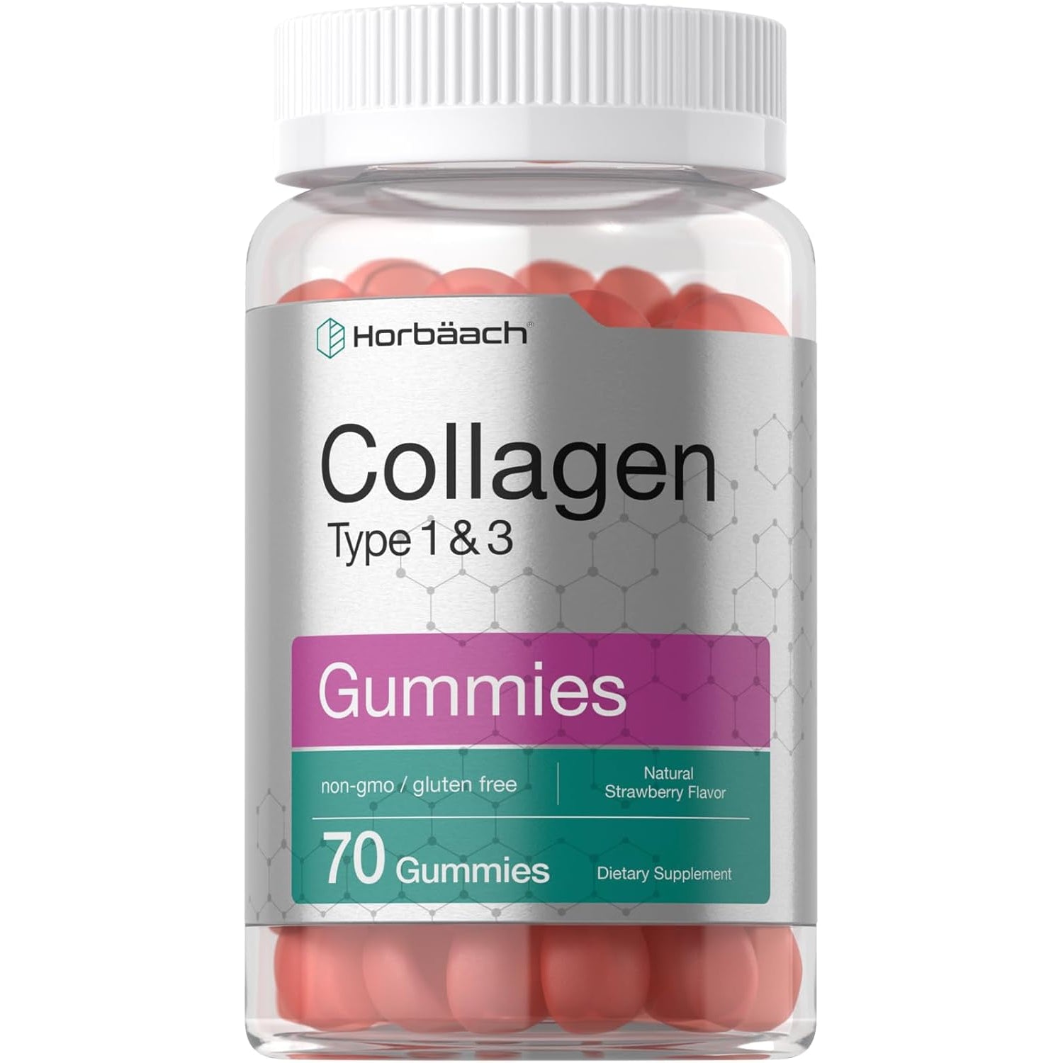 Horbäach Collagen Gummies | 70 Count | Strawberry Flavored Gummy | for Women and Men | Collagen Peptides Type 1 and 3 | Non-Gmo, Gluten Free Supplement