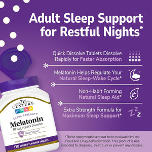 21St Century Melatonin 10Mg Extra Strength, 120 Count, Quick Dissolving Sleep Aid for Adults, Promotes Relaxation and Restful Sleep, Non-Habit Forming, Gluten-Free, Cherry Flavor