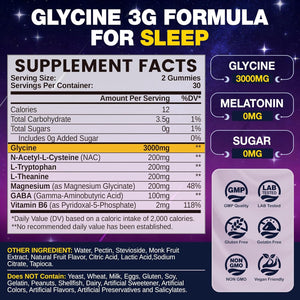 Glycine Gummies for Sleep, Glycine 3G Supplements with NAC, Magnesium Glycinate, L-Theanine, GABA, L Tryptophan, B6 for Relax, Nerve & Brain, Melatonin Free, Sugar Free, Vegan, Blueberry Flavor, 60 Ct