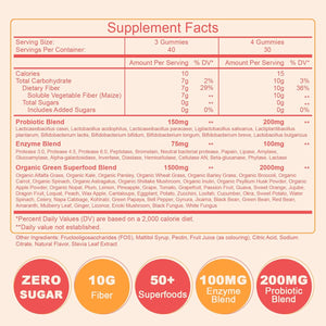 10G Fiber Gummies for Adults with Probiotics, Sugar Free Fiber Supplement with Organic Super Greens & Digestive Enzymes, Supports Gut Health, Energy & Regularity, Vegan, 120 Count