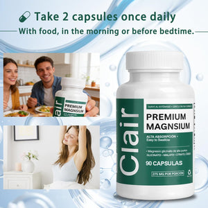 Clair Magnesio Premium, Premium Magnesium Glycinate, Non-Gmo Ingredients, Daily Routine, Vegan-Friendly 90 Capsules