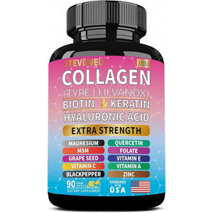 Collagen Supplement - Types I, II, III, V & X, MCG Biotin, Keratin, Hyaluronic Acid, Zinc, Grape Seed Extract, Quercetin, Vitamin A, Vitamin C, Vitamin E, Magnesium, Folic Acid(90 Capsules)