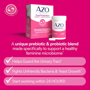 AZO Dual Protection, Urinary + Vaginal Support, Prebiotics and Probiotics for Women*, Starts Working within 24 Hours, Non-Gmo, 30 Count