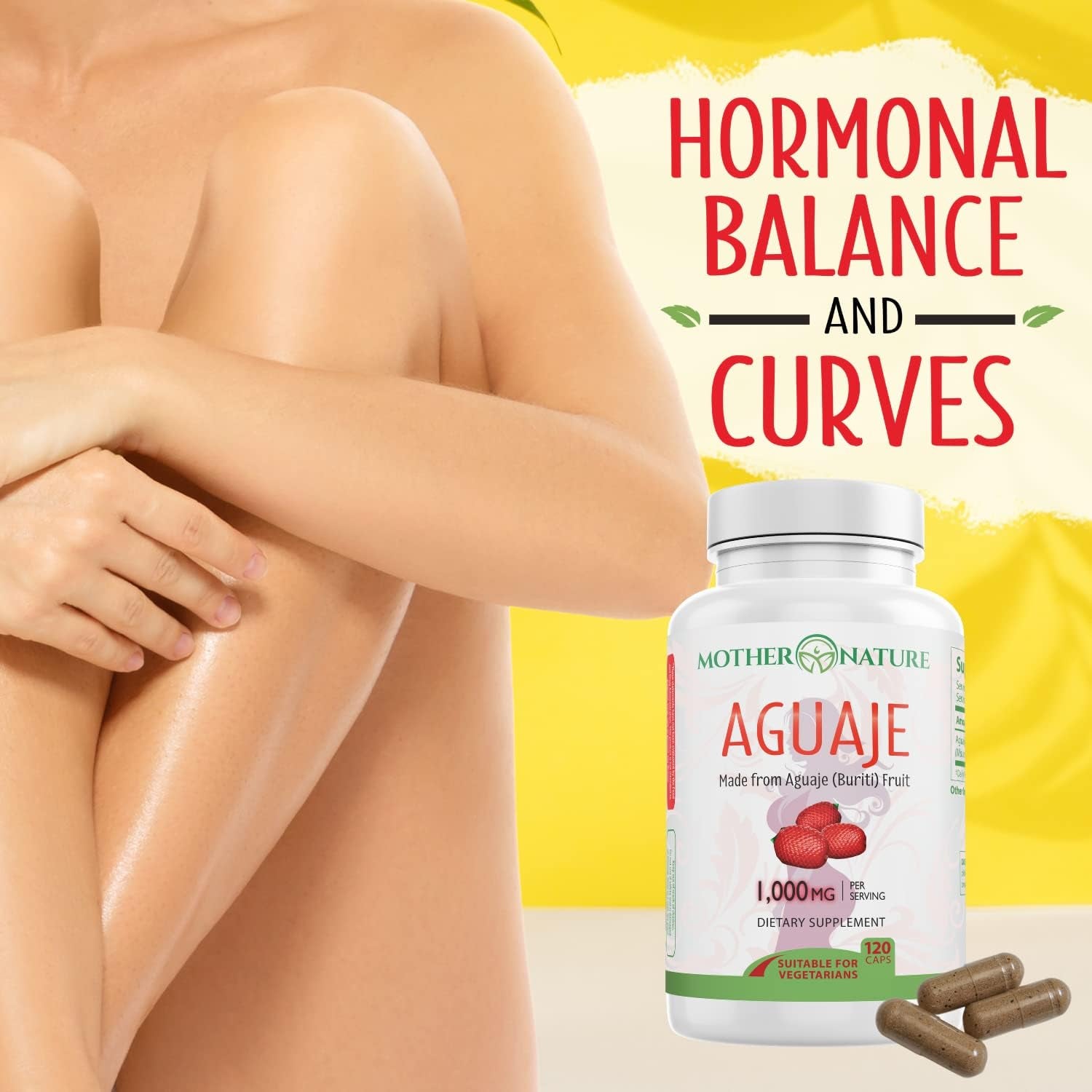 Mother Nature Aguaje Curves Capsules for Women, 1000Mg (120Ct), Natural & Sustainably Sourced Aguaje Fruit from Peru for Female Health, Hormone Balance, Curve Enhancer, Vegan, Non-Gmo & Gluten-Free