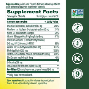 Megafood L-Theanine & Vitamin B Complex with Vegan B12, B6, Folate, Biotin & More - 200 Mg L Theanine Supplement - B Complex Vitamins for Women & Men - plus Lemon Balm & Zinc - 60 Tablets, 30 Servings