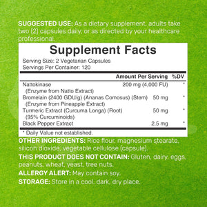 Nattokinase Supplement 4,000 FU per Serving, 240 Veggie Capsules – Japanese Natto with Bromelain, Turmeric Curcumin & Black Pepper Complex – Digestive Enzymes & Heart Health – Non-Gmo, Vegan