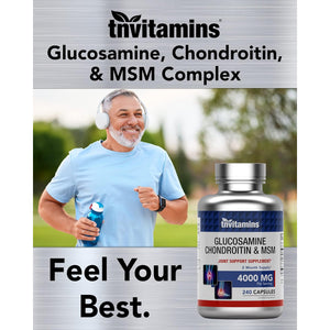 Tnvitamins Glucosamine Chondroitin MSM Capsules, 240 Count | 4,000 Mg per Serving | 2,000 Mg Glucosamine Sulfate 2Kcl + 2,000 Mg MSM & Chondroitin Blend | Joint Support Supplement