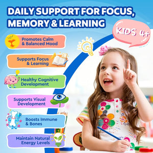 Kids Focus and Attention Supplements with Phosphatidylserine, Omega-3, Magnesium Glycinate & L-Theanine, Brain Vitamins Liquid Drops for Kids Memory, Cognitive, Sleep, Calm & Mood, Strawberry, 2 Fl Oz