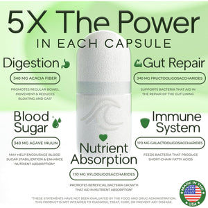 Prebiotic Fiber Supplement 5-In-1 Capsules - Natural Flow 5X Fiber XOS, GOS, FOS, Acacia and Agave Inulin, Daily Soluble Fiber Formula for Gut Support and Boost Good Bacteria Diversity, 120 Caps