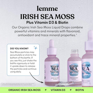 Lemme Irish Sea Moss Organic Liquid Drops with Vitamin D3 & Biotin, Thyroid, Immunity, Hair Skin & Nails & Brain Health Support, Trace Minerals, Sugar Free, 1 Oz, 30-Day Supply