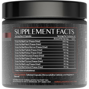 Formulation Factory Primal Power 10-In-1 Grass-Fed Beef Organ Complex with Liver, Heart, Bone Marrow, Orchic, Kidney, Spleen, Pancreas, Adrenals, Thymus & Brain - 120 Capsules