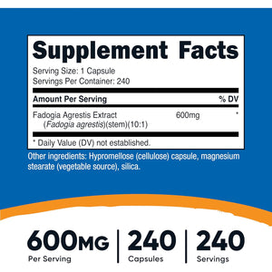 Nutricost Fadogia Agrestis (240 Capsules | 600 Mg per Serving) - Potent 10:1 Extract, Gluten Free, GMO Free Supplement