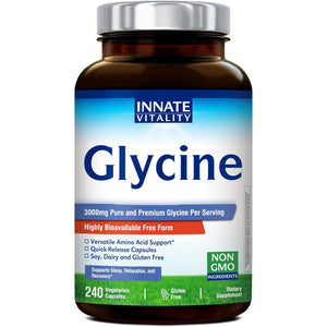 Innate Vitality Glycine Supplements, 3000Mg per Serving, Bioavailable Form, Sleep, Relax, Collagen Glutathione Production, Non-Gmo, Conditionally Essential Amino Acids, Vegan, 240 Capsules