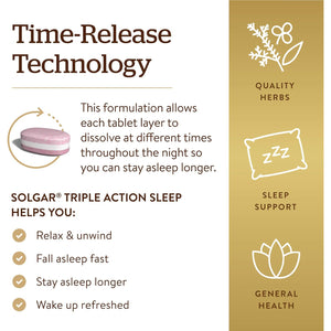Solgar Triple Action Sleep, 90 Tri-Layer Tablets - Time-Release Melatonin & L-Theanine plus Herbal Blend - Helps You Relax - Non-Gmo, Gluten Free - 90 Servings