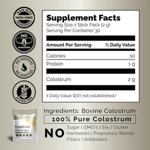 Puregold - Bovine Colostrum Powder - 100% Pure New Zealand Grass Fed, Supports Gut Health, Skin, Hair, & Immunity – Colostrum Supplement, Unflavored, 30 Travel Packets